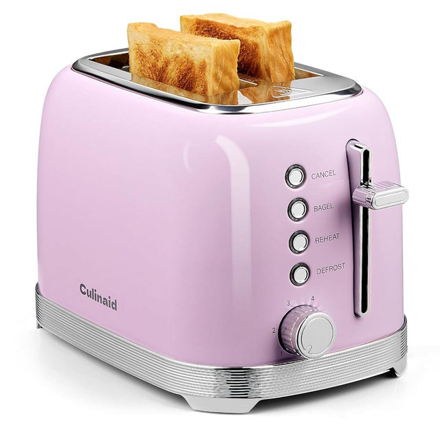 Culinaid Toaster 2 Slice Retro Stainless Steel with 1.5” Extra Wide Slots Bagel, Defrost, Reheat, Cancel Functions, 6 Bread Shade Settings, Removable Crumb Tray, Pastel Pink