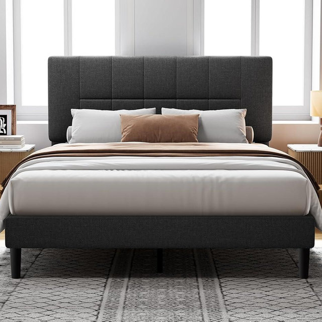 Pipishell Queen Bed Frame with 12 Thickened Legs&Fabric Upholstered Headboard,1300 lbs Strong Weight Capacity, Adjustable Headboard, No Box Spring Needed, Easy Assembly, Underbed Storage（Solid Wooden）