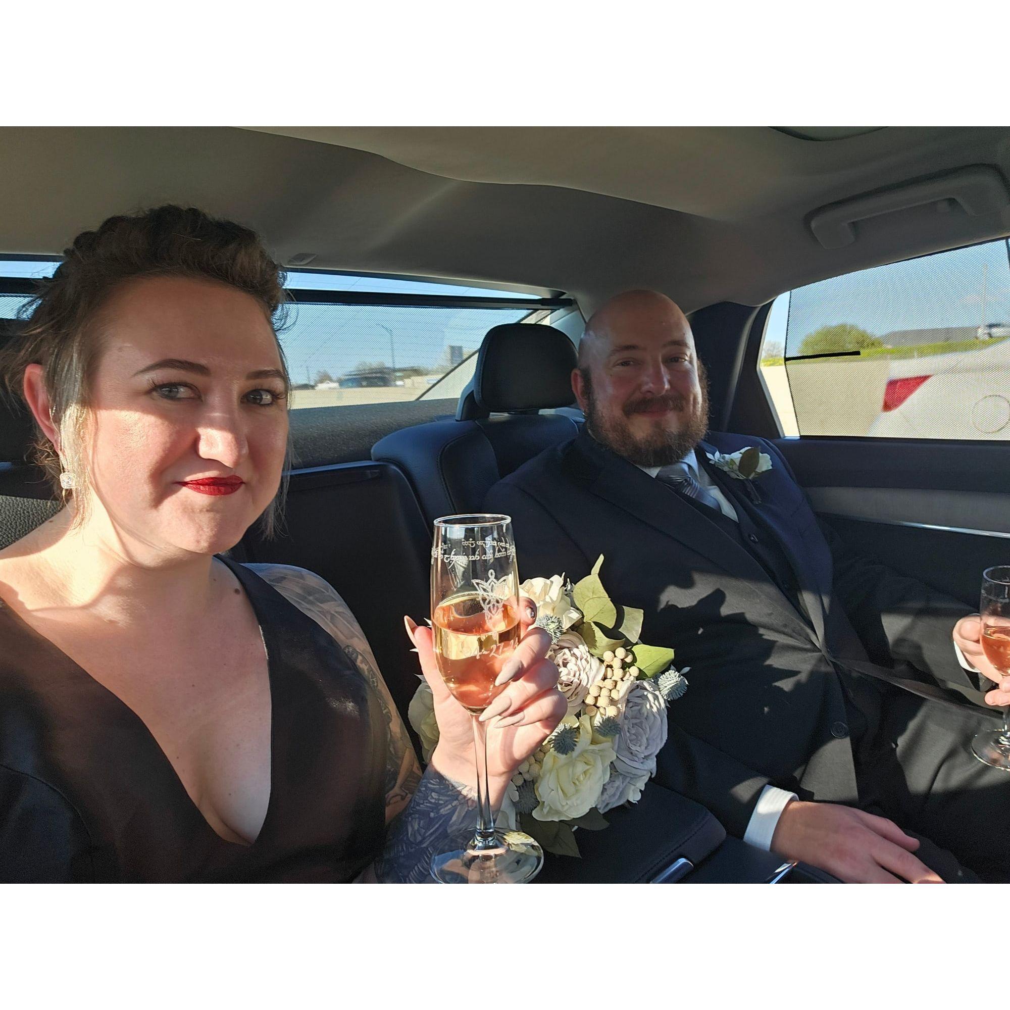 In the car on the way to dinner after we said, "I do!"