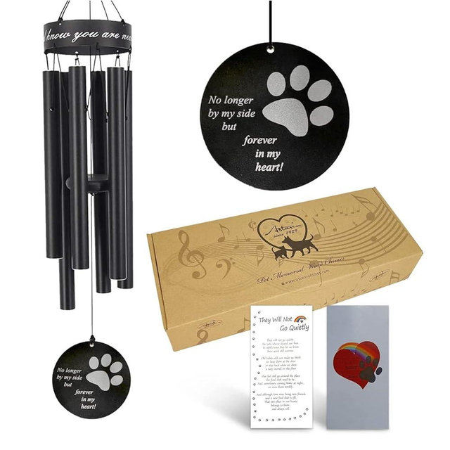 Pet Memorial Wind Chime, 30 Inches Paw Print Pet Remembrance Gift to Honor and Remember a Dog, Cat, or Other Pet, Premium Metal Wind Chime, Black
