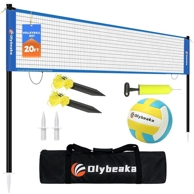 20FT Outdoor Volleyball Net Set System for Backyard Beach with Anti-Sagging Net, Iron Adjustable Height Poles, Soft PU Volleyball and Pump, Carry Bag - Instant Set Up & Durable