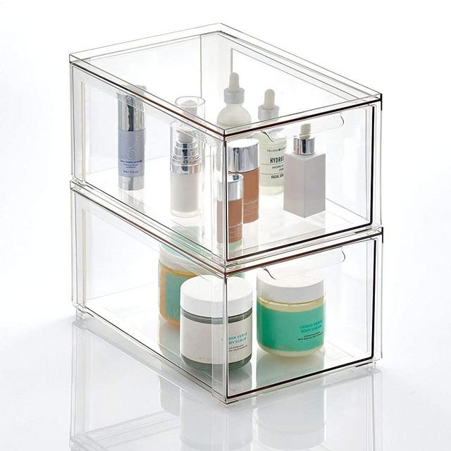 mDesign Plastic Stackable Bathroom Storage Box with Pull-Out Drawer - Container for Organizing Hand Soaps, Body Wash, Shampoos, Lotion, Conditioners, Hand Towels, Hair Accessories - 2 Pack - Clear