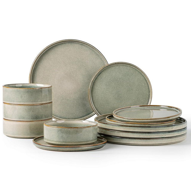 AmorArc Ceramic Dinnerware Sets, Handmade Reactive Glaze Stoneware Plates and Bowls Sets,Highly Chip and Crack Resistant | Dishwasher & Microwave Safe Dishes Set, Service for 4 (12pc)