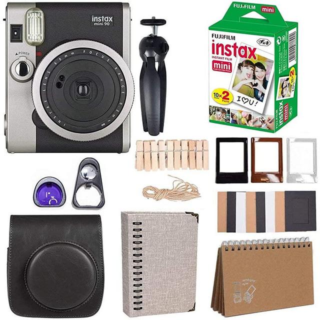 Fujifilm Instax Mini 90 Instant Camera + Fuji Instax Film (20 Sheets) + Giant Accessories Bundle(12 Piece) (Black)