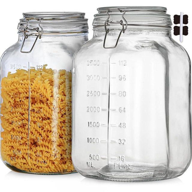 ZALSSKE 1.1 Gallon Large Glass Food Storage Jars with Airtight Lids,Set of 2 Square Wide Mouth Airtight Glass Storage Container,135oz Kitchen Mason Jar with Measurement Mark,for Flour Sugar Canning.