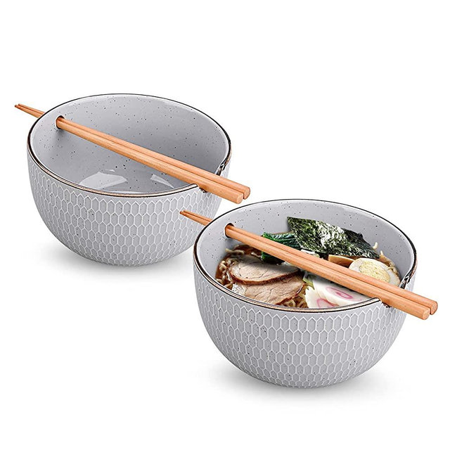 Ceramic Ramen Bowls Set of 2 - 27oz Premium deep Pho Bowl with Chopsticks for Soup Thai Miso Udon Asia Noodles Fried Rice Dumplings Chinese Dinnerware set-2 pack HFCCH(Grey)
