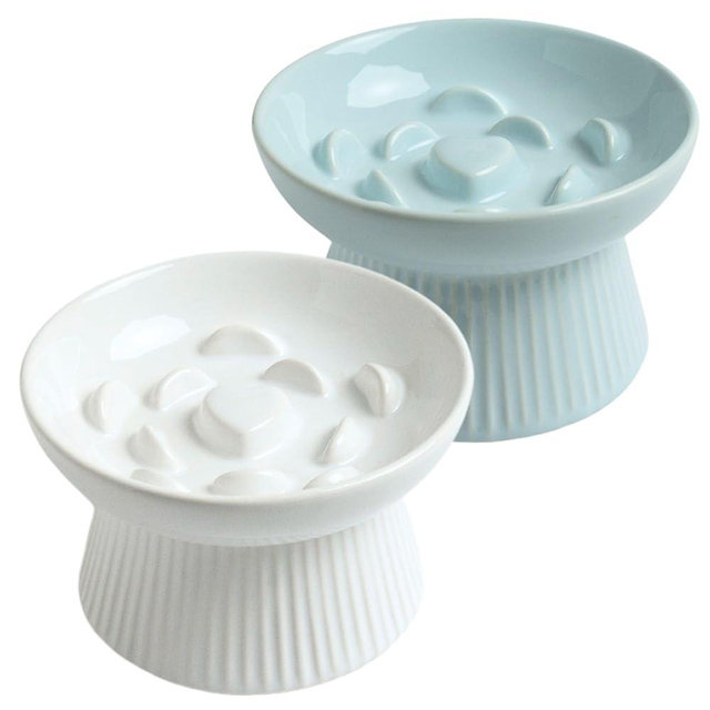 LE SERVETA 2 Pack Ceramic Slow Feeder Cat Bowl, Raised Puzzle Feeder, Anti-Vomiting, Elevated Food Bowl, Whisker Friendly (White, Blue)