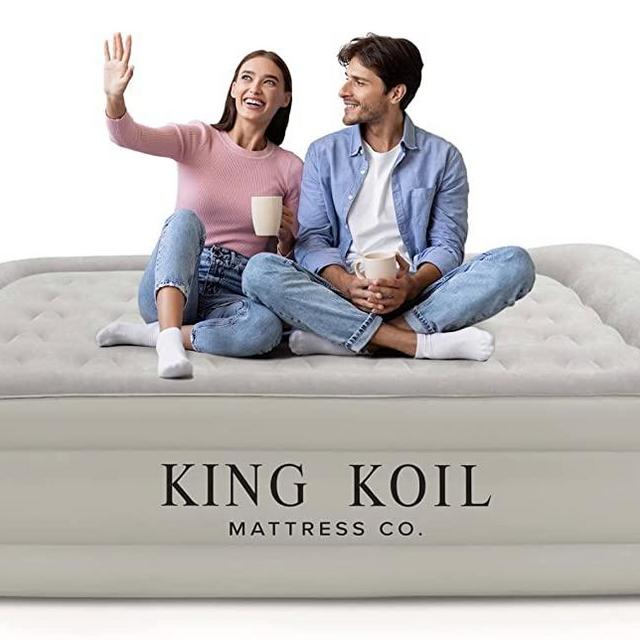 King Koil Luxury Queen Air Mattress with Built-in High Speed Pump, Blow Up Bed Top Flocking, Puncture Resistant, Double High Inflatable Queen Airbed Air Mattress for Camping, Home, Travel