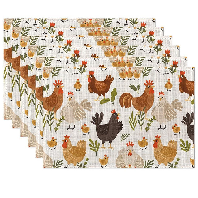 Cute Roosters Chickens Hen Placemats Set of 6, Waterproof Non-Slip Washable Table Mats Set for Kitchen Dining Holiday Party Wedding Decor 12x18 Inch