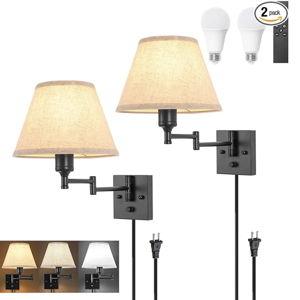 TRLIFE Wall Sconce with Remote Control, Dimming 10%-100% and Adjustable Color Temperature 2700K-6500K Swing Arm Wall Lights with Plug in Cord, 9.4" Medium Beige Fabric Shade(2 Pack, 2 Bulbs Included)