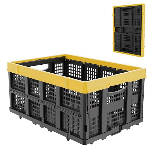 TOLRET 49L Collapsible Crate, Milk Crate for Storage, Foldable Storage Crate, Stackable Crate for Organizing for Home, Shopping, Camping, School, Office, Warehouse, Yellow