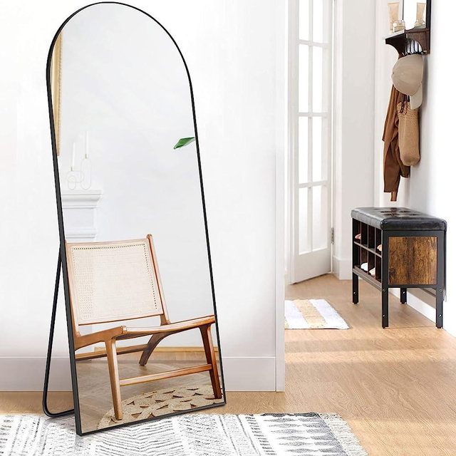 BONEWEI Arched Mirror Full Length Black, 64"x21" Full Body Big Floor Wall Mirror with Stand Mounted for Bedroom/Cloakroom/Dorm Room/Bathroom/Living Room
