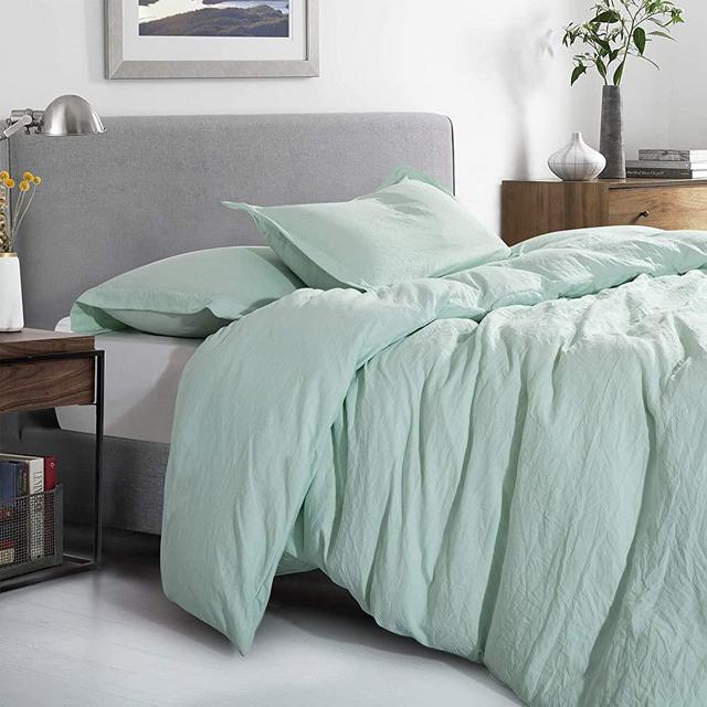 Prewashed Vintage Linen Style Crinkle Duvet Set - Extra Soft, Lightweight, Protective Bed Duvet Cover and Shams for All Season Comfort - Corner Ties and Quick Zip Closure - Full/Queen, Mint