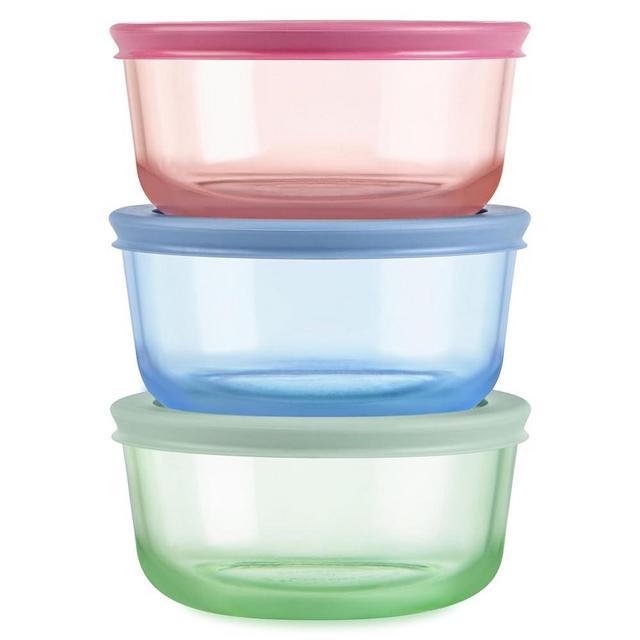 Pyrex Colors (3-Pack, Medium) Tinted Glass Round Food Storage Container Set, Snug Fit Non-Toxic Plastic BPA-Free Lids, Freezer Dishwasher Microwave Safe, 2 Cup, 4 Cup & 7 Cup, Blue