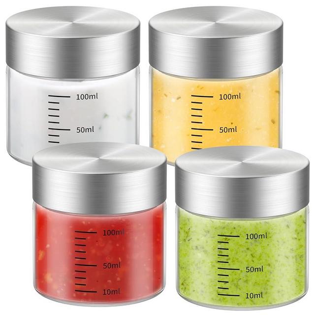CWHHRN 4 Oz Glass Bottles, 4 Pack Glass Jar with Lid, BPA Free, Borosilicate Glass, Stainless Steel Lids for Juicing, Smoothies, Infused Water, Beverage Storage
