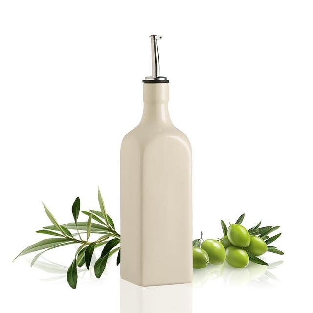 Sweejar 19 Fl Oz Ceramic Olive Oil Dispenser Bottle with Spout, Large Oil Dispenser for Kitchen, Opaque EVOO Oil and Vinegar Cruet for Cooking, Oil Container for Avocado Oil, Pack of 1 (Beige)