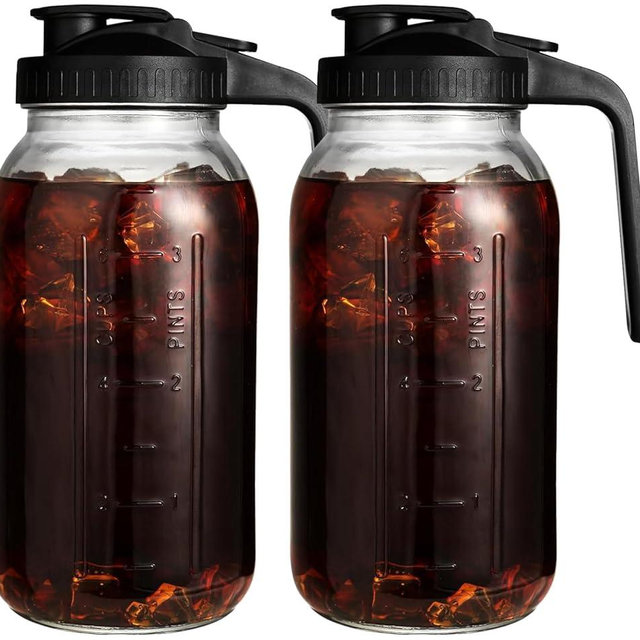 2 Pack 64 oz Glass Pitcher with Lid for Fridge, Half Gallon Pitcher with Lid, Leak Proof, Wide Mouth, 1/2 Gallon Glass Juice Jug for Ice Tea and Coffee (Black)