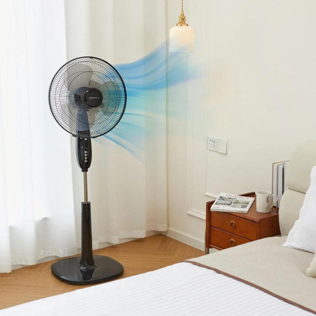 Amazon Basics 16" Pedestal Fan with Remote, Floor Fan, Standing Fan for Bedroom, Living Room, Office, with 3 Speeds, 3 Modes, Timer, Dual-Layered Blades, Adjustable Height, Tilt Head, 60W, Black