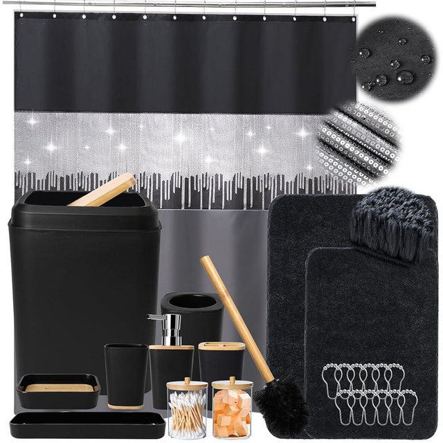 Black Bathroom Accessories Set with Glitter Shower Curtain and Bath Rugs,12 PCS Bath Sets with Trash Can, Toothbrush Holder, Cup, Lotion Dispenser, Tray, Soap Dish, Toilet Brush, Qtip Holder