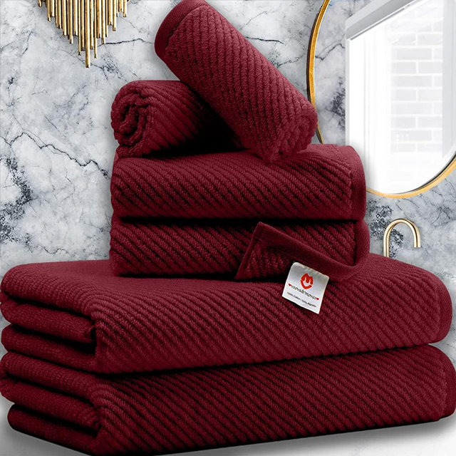 VOOVA & MOVAS Burgundy Red Towels for Bathroom with Gift Box, Cotton Quick-Dry Bath Towels, Towel Sets with 6 Pieces - 2 Bath Towels, 2 Hand Towels, 2 Washcloths (Burgundy)