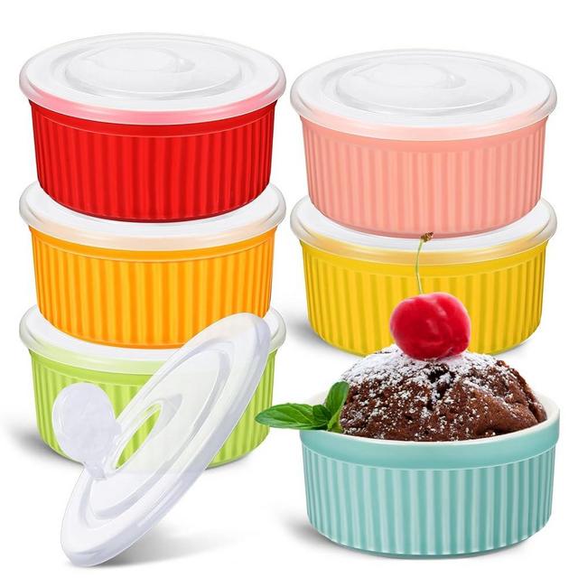 6 Sets Porcelain Ramekins with Lids Ramekins 8 Oz Oven Safe Creme Brulee Souffle Ramekins with Covers for Oven Stackable Ceramic Bowl with Lid Baking Ramekin Dishes Cups for Baking (Multi Colors)
