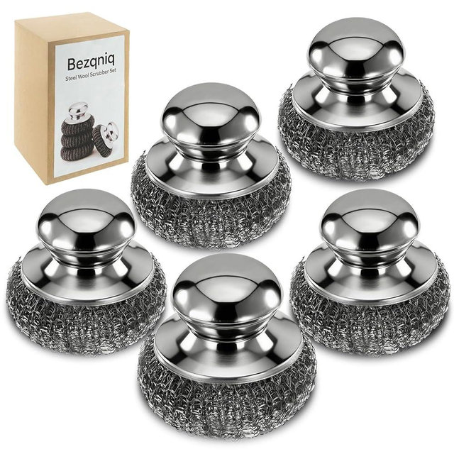 Steel Wool Scrubber with Handle, Stainless Steel, 5 Pack, for Cast Iron, Pots, Pans, Grill, Stoves, Sink (Sliver, M)