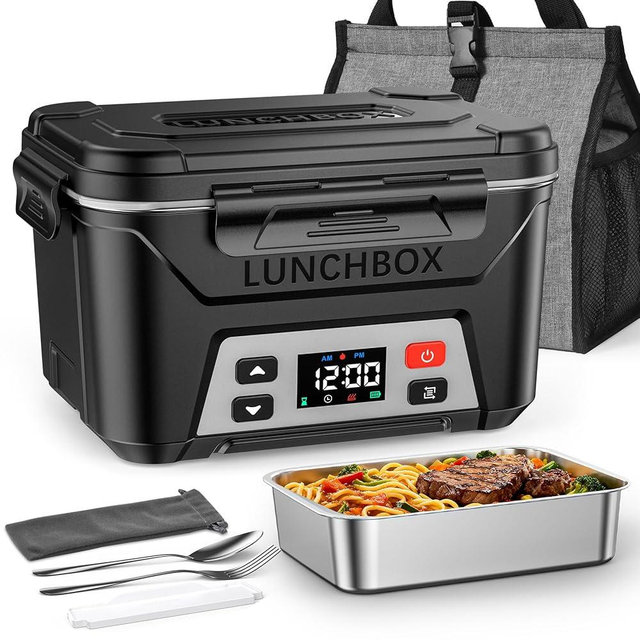 EAST OAK Heated Lunch Box for Men, Electric Lunch Box for Adults, 5.5 Cups Cordless Portable Food Warmer, Rechargeable Self Heating Food Heater with Memory Function, Automatic Keep Warm(Matte Black)
