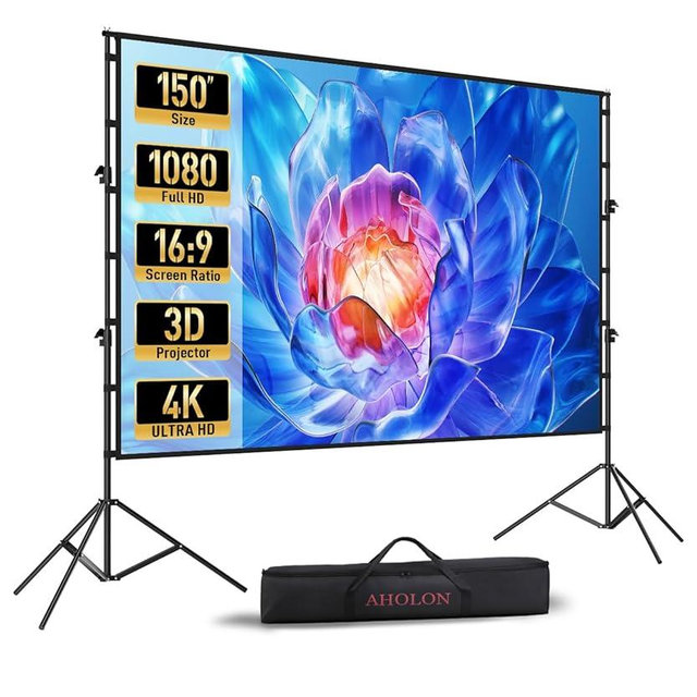 Projector Screen with Stand - 150 Inch Projector Screen Outdoor Indoor Projector Screens 16:9 4K HD Outdoor Movie Screen with Carry Bag,Enioy Home Theater Projection Screen.