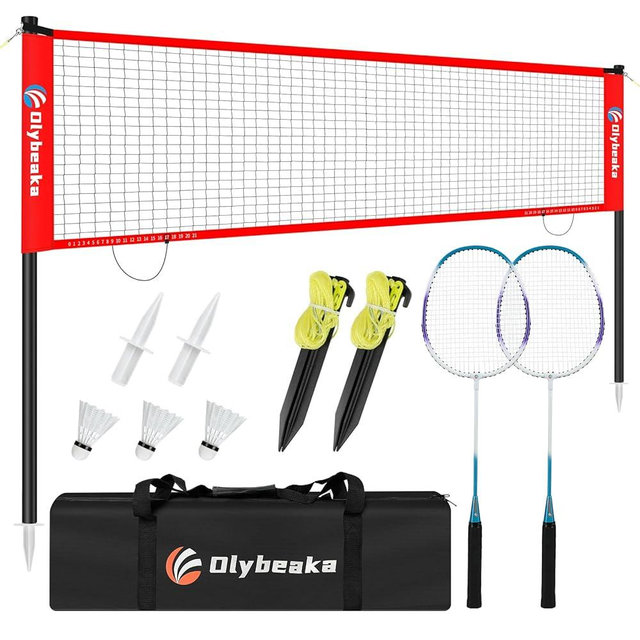 12FT Badminton Net Set for Backyard with Durable Anti-Sag Net, Heavy Duty Steel Poles, 2 Aluminum Rackets, 3 Shuttlecocks, Easy-Carry Bag - Easy Setup & Stable