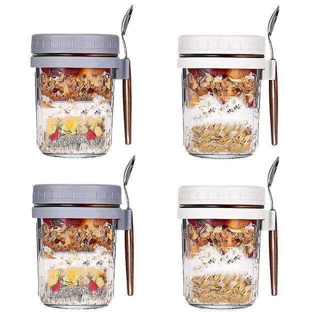 1PCS Overnight Oats Containers with Lids and Spoons, 16 Oz Glass Mason Overnight  Oats Jars, Large Capacity Airtight Jars for Milk, Cereal, Fruit, Yogurt,  Salad, Meal Prep(White)