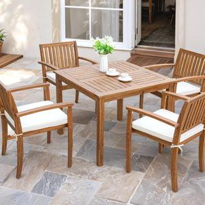 Flamaker 5 Piece Outdoor Dining Set Acacia Wood Patio Table and Chairs with Soft Cushions Patio Furniture for Deck, Backyard, Garden