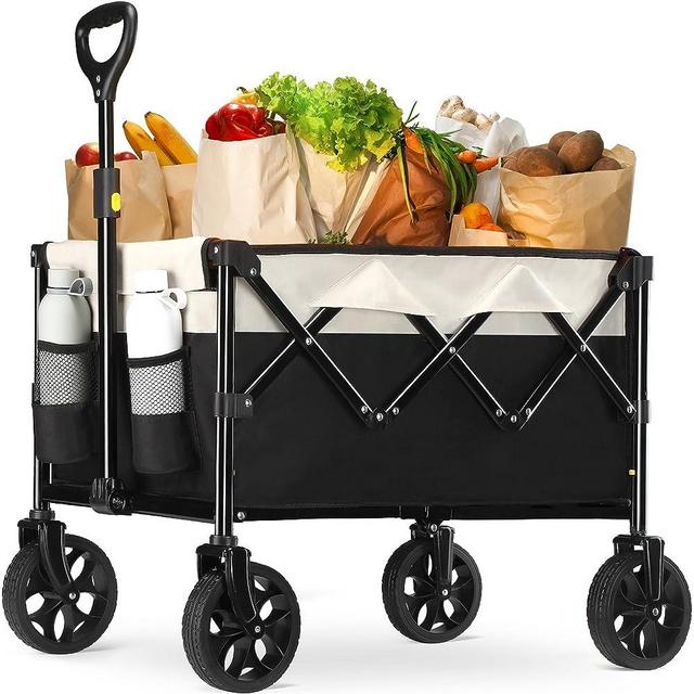 Collapsible Folding Wagon Heavy Duty Foldable,Outdoor Camping Wagon with 2 Drink Holders,Garden Cart Large Capacity Utility Grocery Wagon for Camping Shopping Sports Fishing (Black/White)