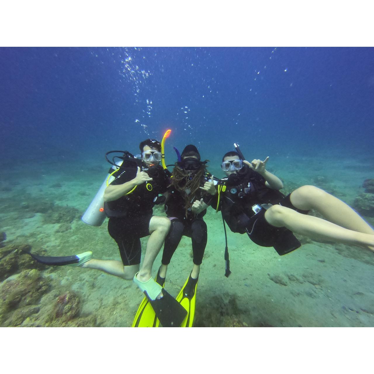Scuba diving around a ship wreck with Michelle (center and looking like Medusa) in St. Thomas. We even saw a shark!!