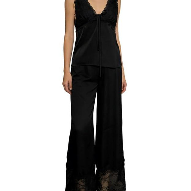 ROAONOCOMO Women Lace Trim Pajama Set Ruffle Babydoll Cami Top Wide Leg Pants Set Silk Satin 2 Piece PJ Lounge Outfit