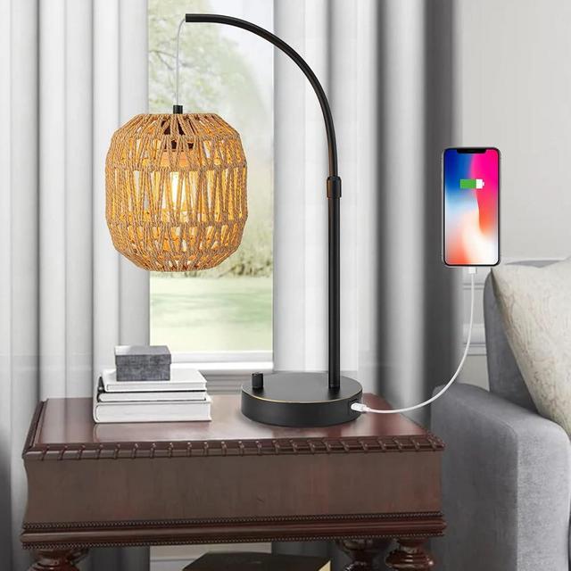 Sainsbarry Tall Industrial Table Lamp for Bedroom with USB Port, Charging Farmhouse Coastal Lamps Black with Rattan Lamp Shade Edison Bedside Nightstand Lamp Boho Side Table Desk Lamps for Home Office