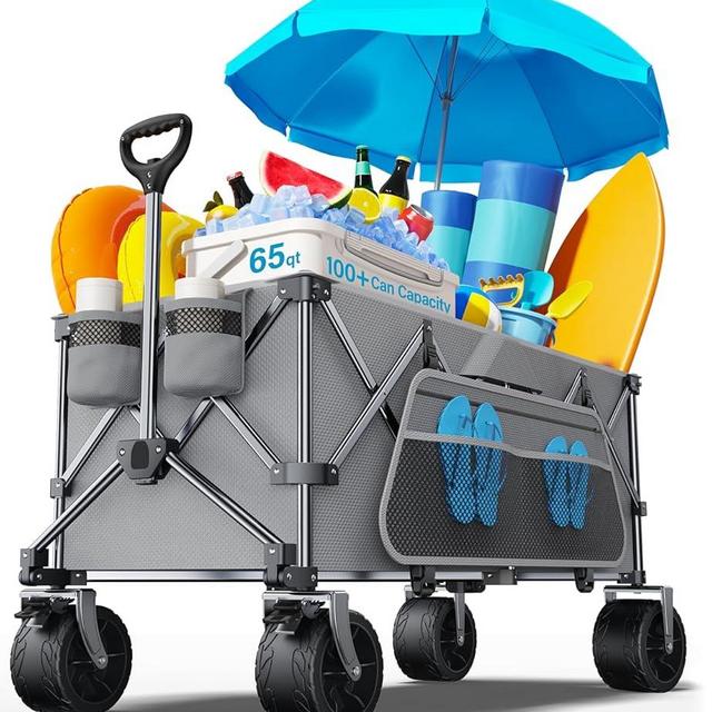 everyfun Pro Collapsible Wagon, 440 lbs Foldable Utility Wagon Cart with Big Wheels, Heavy Duty Folding Wagon for Beach/Garden/Camping/Grocery-Grey