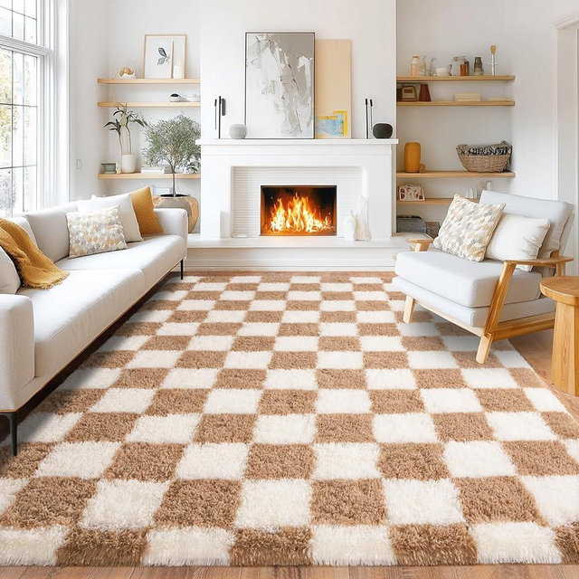 Pionblank 9x12 Area Rug, Large Fluffy Checkered Rugs for Living Room, Shag Rug for Bedroom, Soft Non Slip Shag Carpet for Kids Room Nursery Home Decor, Beige and Cream White