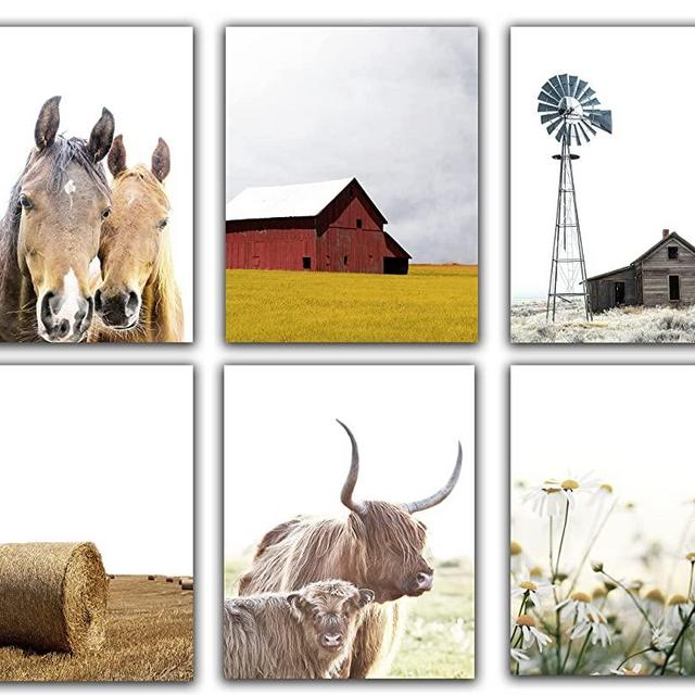 Modern Farmhouse No.50 Wall Art Photos - Set of 6 UNFRAMED Rustic Boho Cottage Country Decor Prints. Barn, Windmill, Hay Bales, Daisies, Highland Cows & Horses. Mix of Neutral Shades (8x10)