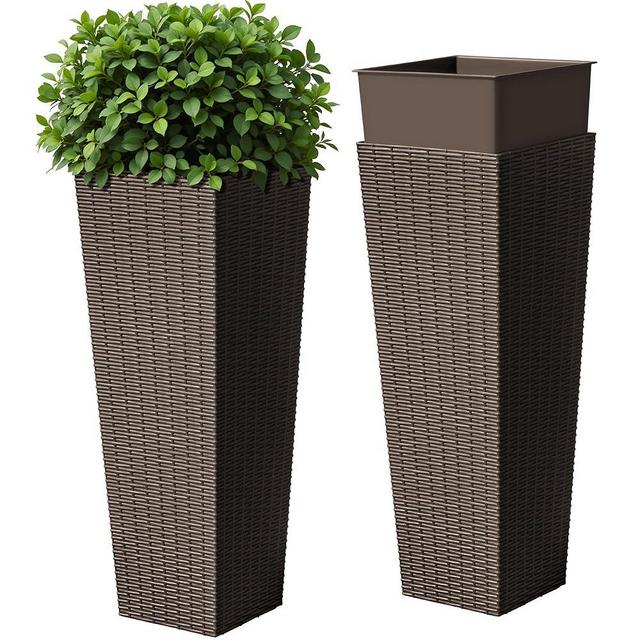 Devoko Resin Tall Planters for Outdoor Plants Set of 2, Large Taper Outdoor Planter Pots with 4 Drainage Holes, Flower Pots Modern Decor for Porch, Patio, Backyard, Home Garden (Brown, 32")