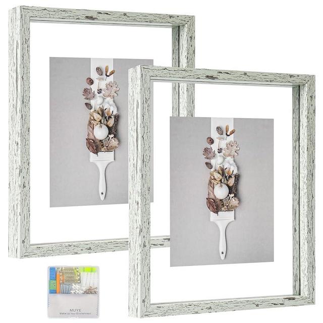 MUYE 8x10 Floating Frame Distressed Green Wood Pattern with Double Glass Picture Frame Set of 2 Display Any Size Photo up to 8x10,Wall Mount or Tabletop Stand