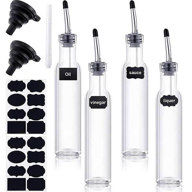 4 Pack Vinegar Cruet Olive Oil Glass Bottle, Square Tall Glass Bottle Set with Stainless Steel Bottle Spout Pourer, Foldable Silicone Funnel, Waterproof Label Sticker and Chalk Marker for Home Kitchen