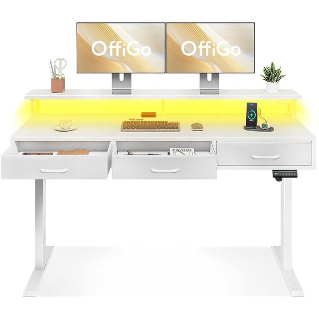 OffiGo Electric Standing Desk with Drawers, 63 Inch Height Adjustable Desk with Power Outlets & LED Lights, Sit Stand Table with Monitor Stand for Home, Office, Workstation, White