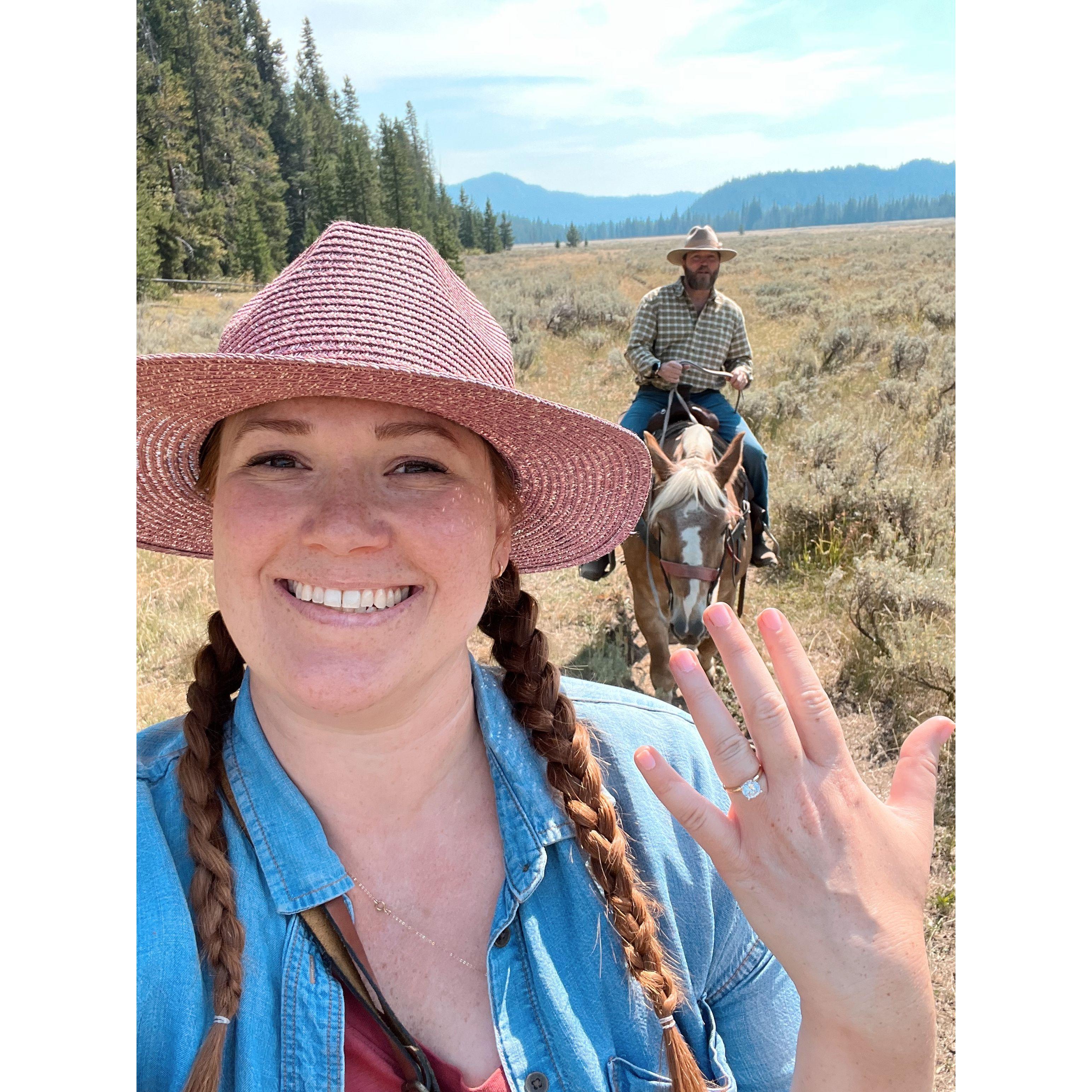 Brian proposed while we were out in Wyoming on an amazing horseback ride. I was completely surprised, much to his delight. The moment couldn't have been more beautiful!