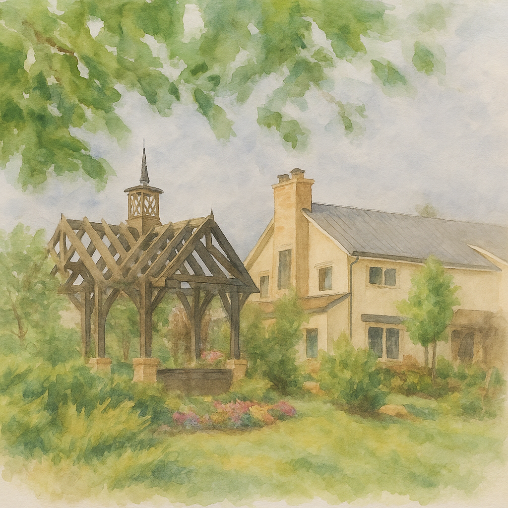 A watercolor painting of our venue, The Farmhouse