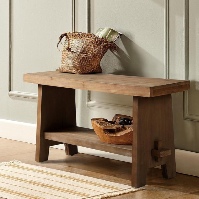 HOKYHOKY Solid Wood Entryway Bench - 31.5" Farmhouse Small Storage Bench, Rustic Narrow Bench Seat for Indoor, Entryway, Dining Room, Living Room and Hallway, Brown