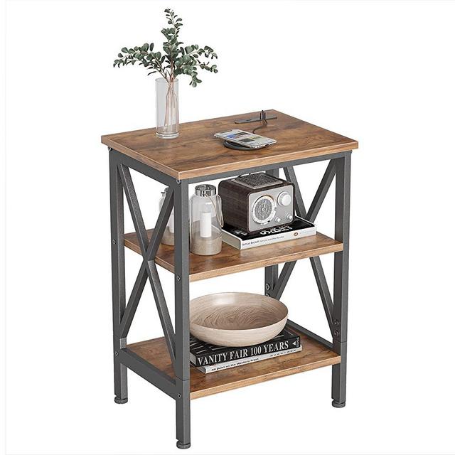 CubiCubi Oxford Side Table, Dual USB Charging Ports End Table, Nightstand Steel Frame, Home Decorative for Living Room Bedroom, Wooden Shelves and Rustic Style, Fir Brown