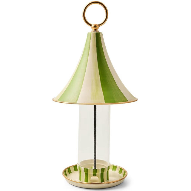 MACKENZIE-CHILDS Bird Feeder, Decorative Metal Bird Feeder for Outdoors, Green-and-White Grass Green Stripe