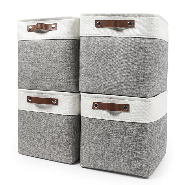 Bagnizer Collapsible Fabric Storage Cubes 11x11 Cube Storage Bins, 4 Pack Closet Baskets Box with Handles for Organizing, Shelf, Toys, Clothes, Home, Office, Nursery (Grey&White)