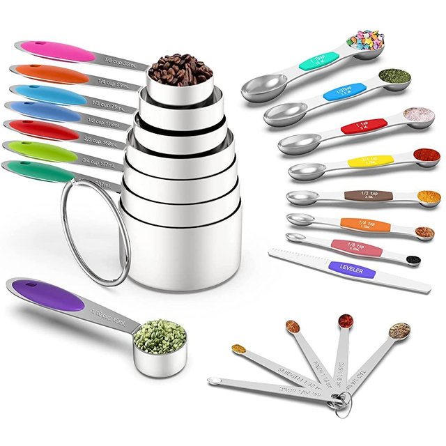 Measuring Cups and Magnetic Measuring Spoons Set, Wildone Stainless Steel 8 Measuring Cups, 7 Double Sided Stackable Magnetic Measuring Spoons, 1 Leveler & 5 Mini Spoons - 21 Piece Multicolor