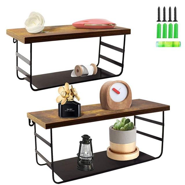 2 Tier Wall Mounted Shelf Set of 2, Wall Floating Shelves with Black Metal for Bathroom, Bedroom, Living Room, Laundry Room, Kitchen, Garage